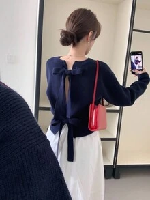 DAZY 纯色修身圆领长袖露背蝴蝶结休闲毛衣，女士秋冬款
