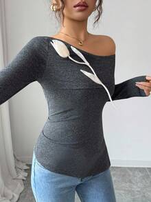 Elenzga Tricou elegant pentru femei, cu mânecă bufantă, decorat cu nasturi, tiv divizat, guler rotund - Caisă - Vizualizare 6