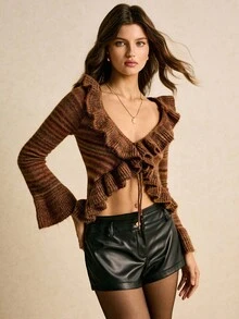Poéselle Women's Brown Striped Ruffled Knit Tie Front Cardigan,Vintage V Neck Long Sleeve Sweater,Autumn Boho Dinner Date Y2K Style Flared Sleeve Open Front - Multicolor - View 4