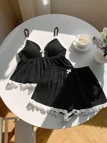 SHEIN EZwear Bộ đồ nữ cỡ lớn gồm áo hai dây và quần short ren phối màu đen. - màu đen - Xem 8