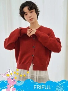 FRIFUL SHEIN X Care Bears 女式圆领字母刺绣纽扣开衫 - 紅色 - 查看 9