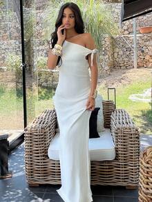 Ronhire Women's Solid Asymmetric Neckline Ruched Elegant Long Dress,Rave Outfits Festival - Apricot - View 4