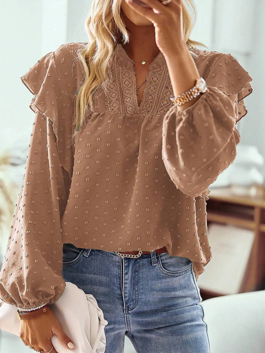 EMERY ROSE Women's Casual Vacation Style Simple Solid Color Keyhole Neck Lantern Sleeve Ruffle Trim Swiss Dot Loose Blouse, Spring/Autumn Fall Cloth For Women Swiss Dot Blouse Long Sleeve Blouse Puff Sleeve Blouse Brown Blouse Ruffle Blouse - Camel - View 1