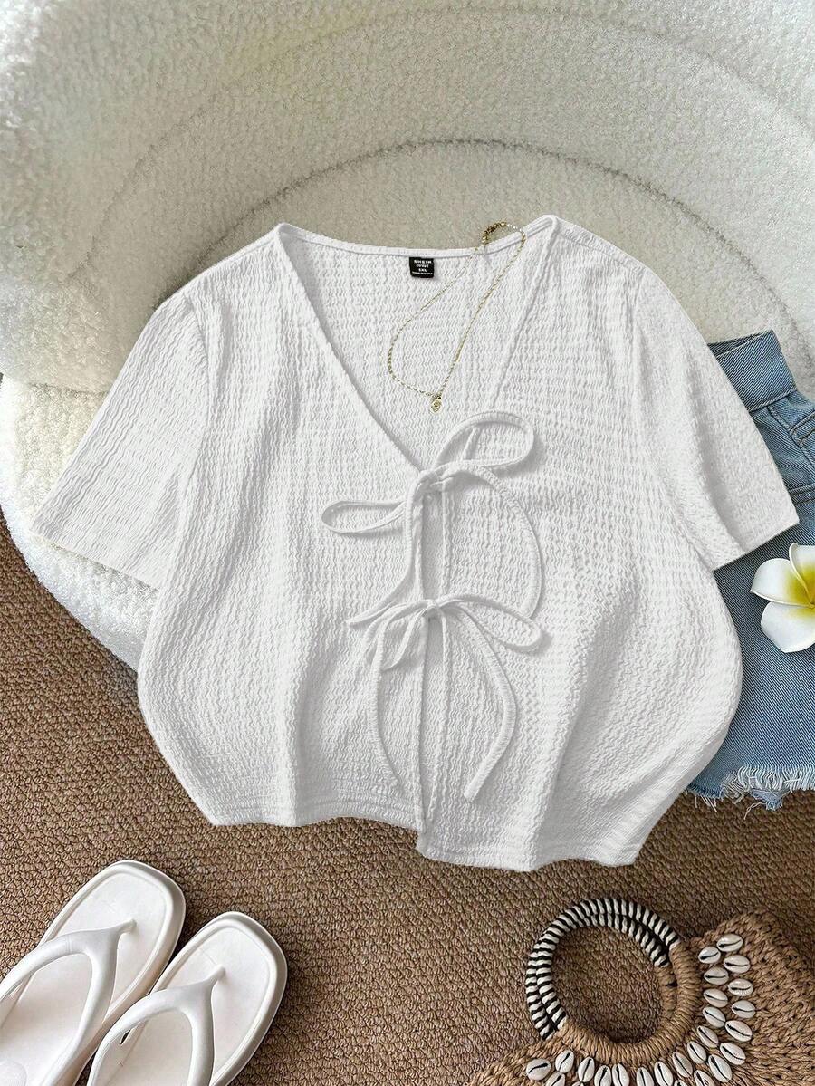 SHEIN LUNE 大码女式夏季休闲度假简约纯色纹理 V 领前系带衬衫 - 白色 - 查看 1