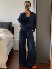 DAZY 女士V领宽松上衣和阔腿裤两件套，秋季 - 藍色 - 查看 4