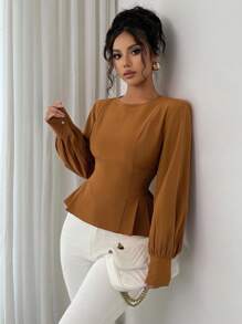 Elenzga 新款女式圆领长袖梭织面料后腰抽绳设计休闲百搭收腰修身优雅衬衫，春秋季女式上衣 - 棕色 - 查看 4