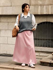 Elenzga Plus Size Elegant Satin Silk Shiny Texture Skirt - Baby Pink - View 7