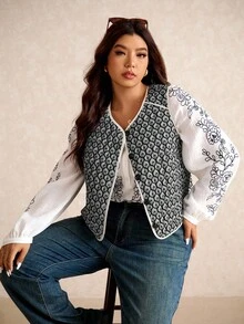 Elaquor Chaleco informal de mujer de talla grande con patrón geométrico y abotonadura sencilla, para invierno - Multicolor - Ver 4