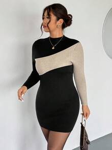 Firerie Robe longue à manches longues pour femmes grande taille, style color block élégant, romantique à la française, minimaliste, pour le travail et le quotidien. Robe col montant en tricot côtelé, robe bicolore, robe moulante pour femmes, pour l'automne/l'hiver