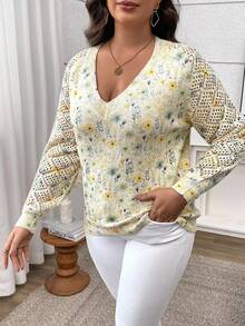 EMERY ROSE Damen Pullover in Große Größen mit Blumenmuster, V-Ausschnitt, Hohlmuster, locker gestrickt, Langarm, Lässig Resort Stil, Herbst - Verschiedenfarbig - Übersicht 5