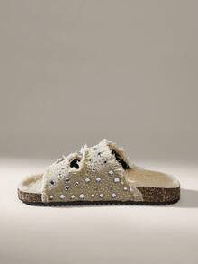 Solecia 女士圆头布洛克鞋，带流苏和满钻，双扣带平底舒适鞋，适合日常、派对、通勤、时尚百搭 - 卡其色 - 查看 4