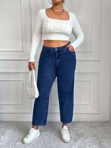 EURMUSE Plus Size Casual Washed High Waist Tapered Jeans - Medium Wash - View 3