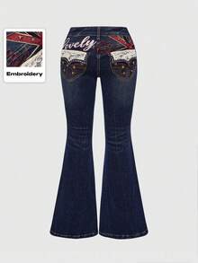 ROMWE Grunge Punk Plus Size Retro Y2K Baddie UK Flag Design Rivet Skinny Flare Jeans - Blue - View 1