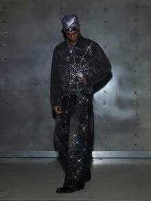 NEON BLANC Men's Black Spider Web Rhinestone Embellished Denim Shirt, Long Sleeve Top - Black - View 5