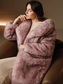 Anewsta 女士优雅时尚狐狸毛领长袖皮草外套，冬季 - 淺粉色 - 查看 11