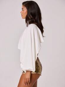 Musera Resort White,Summer,Modest,Party,Holiday Asymmetric Cropped Flowy Cover Up Cape Sleeve Drape Top Beach Ibiza Bridal Hen Do Bachelorette Wedding Elegant - Beige - View 3