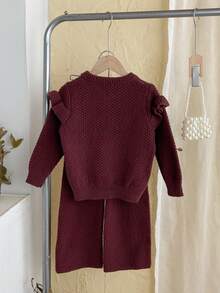 Sparklyn 青少年女孩时尚百搭通勤可爱休闲开衫和喇叭裤针织毛衣套装 - 咖啡棕 - 查看 2