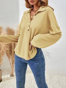 SHEIN LUNE Casual Loose Fit Solid Color Drop Shoulder T-Shirt, Spring/Autumn - Pale Yellow - View 6