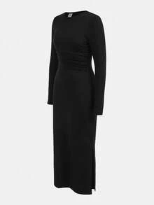 SHEIN Vestido negro de manga larga con pliegues en la cintura, unicolor, versátil y minimalista para adolescentes - Negro - Ver 6