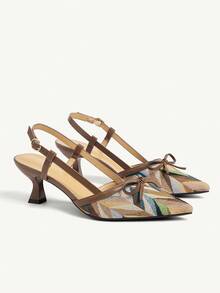 CUCCOO CHICEST 女式几何拼色尖头小猫跟凉鞋，优雅波西米亚风格舒适一脚蹬高跟鞋，百搭复古别致正装鞋，棕色 - 咖啡棕 - 查看 8