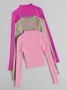 Franclia Solid Color Ribbed Knit Casual Versatile Long Sleeve Pullover Sweater Fall Winter Cloth For Women - Multicolor - View 3