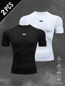 RISE LYT 2件装男士杠铃印花运动T恤 紧身衣 - 黑色 - 查看 1