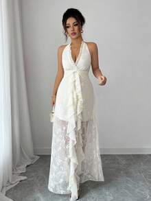 Elenzga Sleeveless V-Neck Lace Ruffle Hem Elegant Romantic Wedding Guest Dress For Women, White Dress