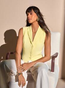 CLARA VERO Asymmetric Button Front Tailored Vest Street Smart Look For Bold Girls Who Love Unique Fashion Statements - Yellow - View 4
