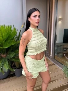 Lucia Bellido Women's Green Casual Round Neck Halter Tank Top And Loose Shorts Two-Piece Set, Spring/Summer - Green - View 4