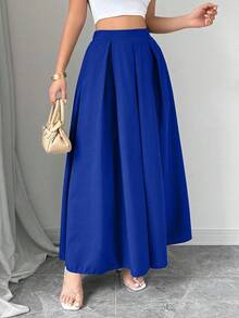SHEIN Tall 优雅纯色高腰裙，适合通勤高腰超长裙女式超长裙长蓝色裙子皇家蓝超长裙蓝色超长裙 - 藍色 - 查看 5