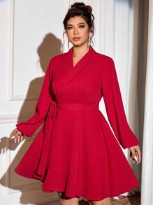Cravure Christmas Plus Size Women Solid Color Wrap Long Sleeve Blazer Collar Dress Fall Cloth For Women - Burgundy - View 1