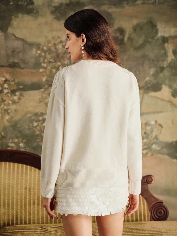 Women's Elegant Sequin Embellished Knit Sweater, Versatile White Wool Blend Pullover Top, Round Neck, Autumn/Winter