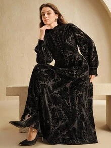 Anewsta Đầm cỡ lớn màu đen in họa tiết chấm bi, dáng xòe, cổ đứng. - màu đen - Xem 2