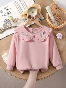 少女甜美公主风花卉刺绣翻领落肩长袖卫衣，秋冬