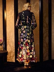 MOTF PREMIUM MESH EMBROIDERY FLORAL PATTERN LANTERN SLEEVE BUCKLE BELTED LONG DRESS - Black - View 4