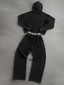 PAVTROS 男士口袋长袖休闲连帽衫和抽绳腰裤套装男士运动服套装男士慢跑套装男士两件套黑色套装男士两件套，秋季服装 - 黑色 - 查看 2