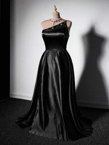 Viva Relle Plus Size Sleeveless Asymmetrical Shoulder Elegant Romantic Fashion Dress - Black - View 3