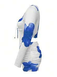 INAWLY 女士夏季度假长袖上衣和裙子两件套 - 藍色 - 查看 3