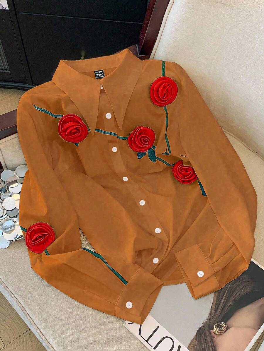 SHEIN Clasi 标准尺寸女士优雅情人节绿色树枝印花 + 3D 花朵休闲衬衫 - 彩色 - 查看 1