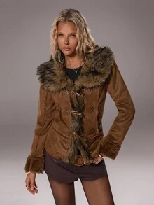 TRNVIE 1 件女式复古波西米亚风格仿麂皮毛领 Y2K 夹克，棕色，冬季 - 棕色 - 查看 5