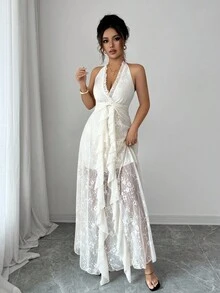 Elenzga Sleeveless V-Neck Lace Ruffle Hem Elegant Romantic Wedding Guest Dress For Women, White Dress