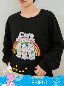 FRIFUL SHEIN X Care Bears 女式宽松休闲街头风格字母与卡通图案圆领套头 T 恤长袖上衣 - 黑色 - 查看 7
