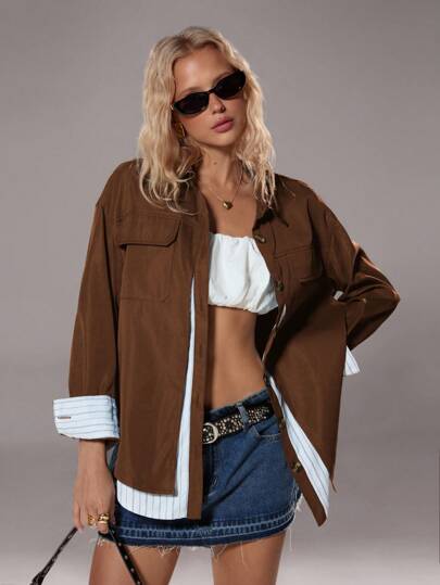 TRNVIE Chaqueta casual de mujer con parches a rayas