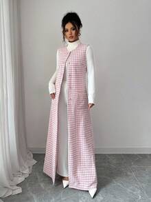 Elenzga Women's Elegant Pink Plaid Sleeveless Long Jacket, Autumn - Multicolor - View 1