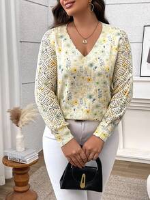EMERY ROSE Damen Pullover in Große Größen mit Blumenmuster, V-Ausschnitt, Hohlmuster, locker gestrickt, Langarm, Lässig Resort Stil, Herbst - Verschiedenfarbig - Übersicht 3