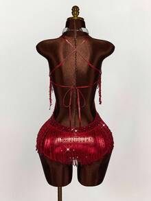 Amplova Halloween COS Sequin Tassel Backless Bandage Jumpsuit,Party Dresses For Women - Red - View 7