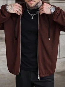 Manfinity Homme Men's Solid Color Long Sleeve Zip-Up Drawstring Hoodie, Autumn Zip Up Hoodie Men Men Ribbed Zip Up Hoodie - Coffee Brown - View 3