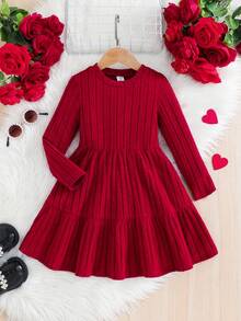 Emery Rose Kids Emery Rose Kids 年轻女孩条纹天鹅绒 A 字裙，优雅长袖蛋糕裙，适合生日派对、度假，非常适合秋冬季休闲日常穿着和上学日常，适合圣诞节、母女搭配 - 紅色 - 查看 2