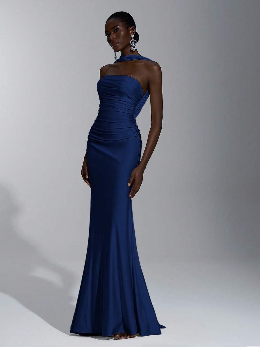 SHEIN Belle 优雅、浪漫、性感、简约、浅黄色针织弹力露肩露背紧身连衣裙，时尚、网红风格，适合节日、派对、婚礼、伴娘 - 藏蓝色 - 查看 1