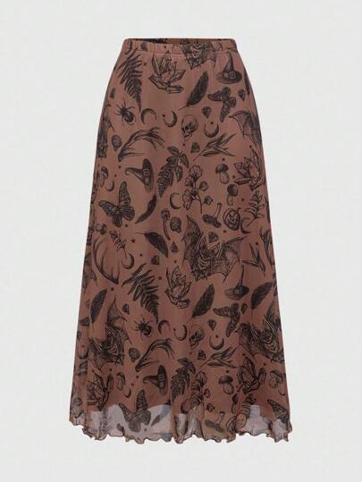 Fairycore Jupe mini évasée punk pour femmes avec imprimé chauve-souris, crâne, lune et citrouille gothique sombre